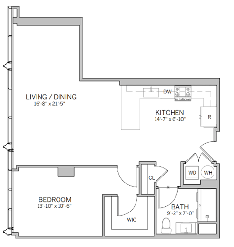 A floor plan of a house with a living/dining area, kitchen, bedroom, and bathroom.