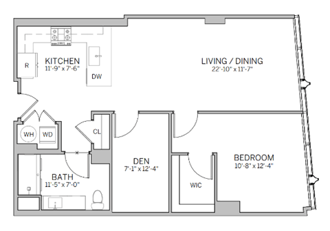 A floor plan of a house with a kitchen, living/dining area, bedroom, bathroom, den, and a workspace.