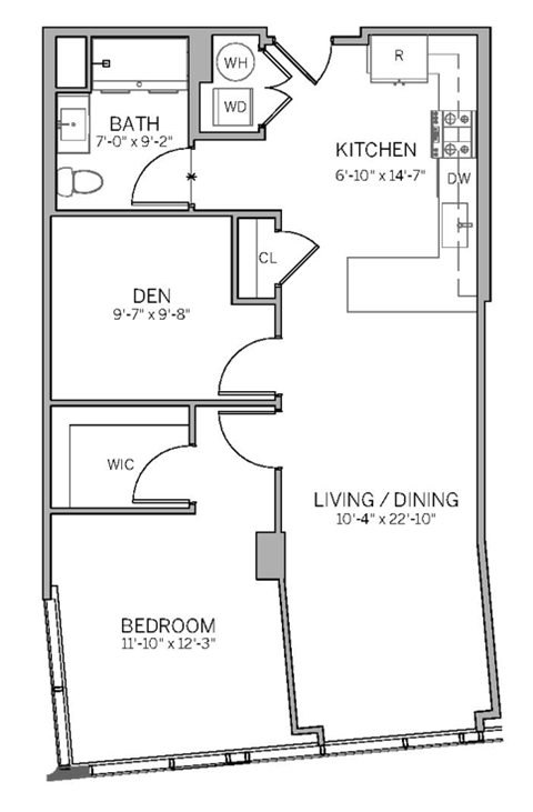 A floor plan of a small apartment with a living room, kitchen, bedroom and bathroom.