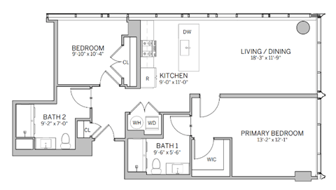 A floor plan of a small apartment with a living room, two bedrooms, and two bathrooms.