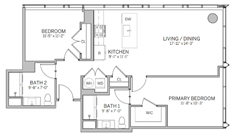 A floor plan of a house with a living room, two bedrooms, a bathroom, a kitchen, and a WC.