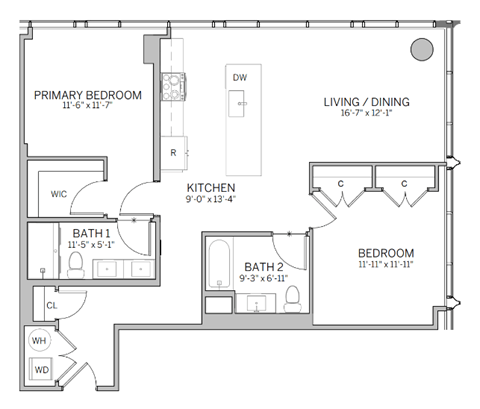 A floor plan of a small apartment with a kitchen, two bathrooms, and two bedrooms.