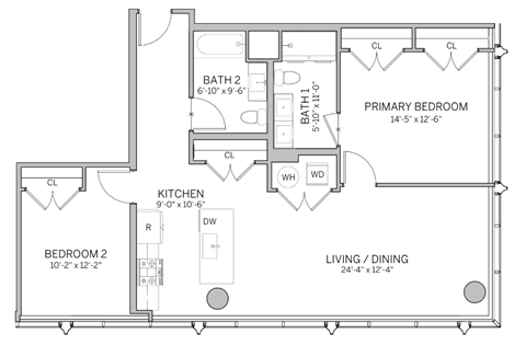 A floor plan of a home with a living room, dining room, kitchen, and two bedrooms.