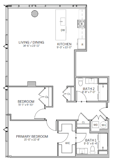 A floor plan of a house with a living/dining area, kitchen, two bathrooms, and two bedrooms.
