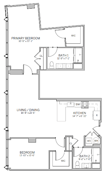 A floor plan of a home with a primary bedroom, living/dining area, kitchen, and two bathrooms.