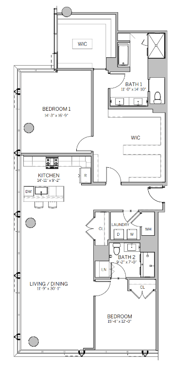 A floor plan of a house with two bedrooms, a living room, a kitchen, and a laundry room.
