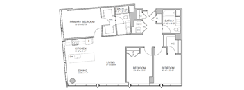A floor plan of a house with a primary bedroom, two bathrooms, a kitchen, a dining area, a living room, and two bedrooms.