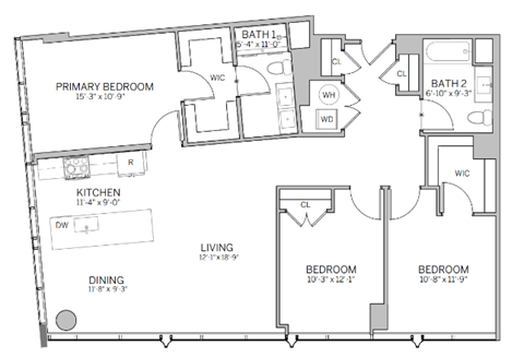 A floor plan of a house with a primary bedroom, two bathrooms, a kitchen, a dining area, a living room, and two bedrooms.