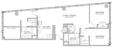 A floor plan of a house with a living/dining area, kitchen, two bathrooms, and three bedrooms.