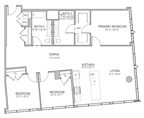 A floor plan of a house with a living room, two bedrooms, a dining room, a kitchen, and two bathrooms.