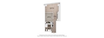A floor plan of a small apartment with a living/dining area, bedroom, kitchen, and bathroom.