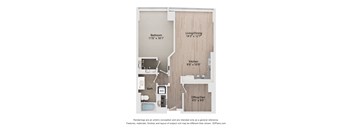 A floor plan of a small apartment with a bedroom, living/dining area, kitchen, bathroom, and office/den.