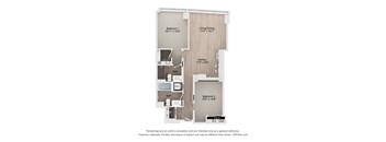 A floor plan of a small apartment with two bedrooms, a living/dining area, a kitchen, and two bathrooms.