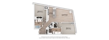 A floor plan of a small apartment with two bedrooms, a bathroom, a kitchen, and a living/dining area.