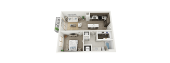 A top-down view of a small apartment with a bedroom, living room, kitchen, and bathroom.