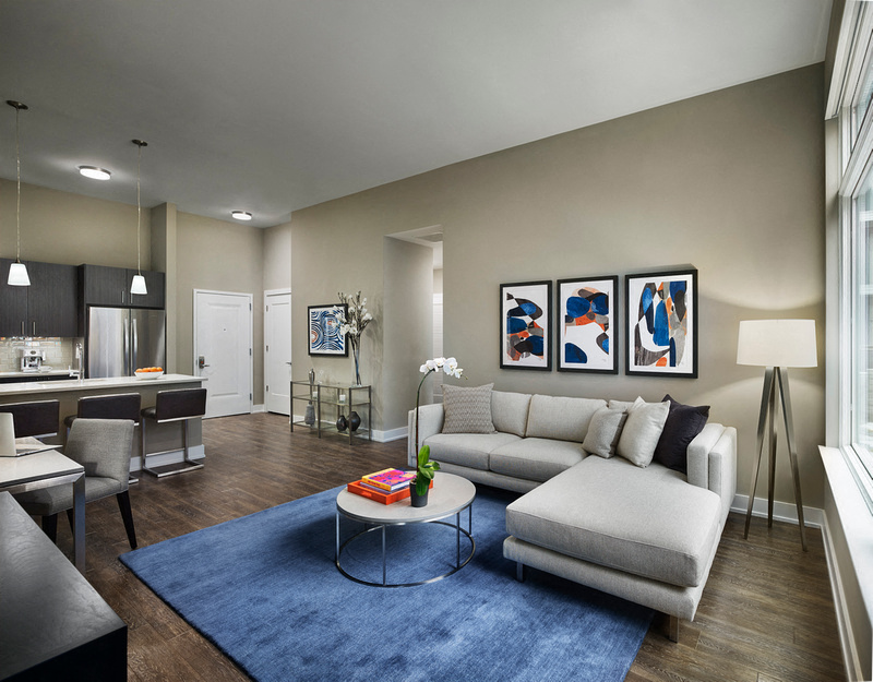 a living room with a couch and a table