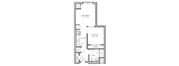 A floor plan of a small apartment with a living room, kitchen, bedroom, and bathroom.