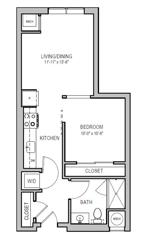 A floor plan of a small apartment with a living room, kitchen, bedroom, and bathroom.