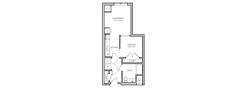 A floor plan of a small apartment with a bedroom, a kitchen, a bathroom, and a living/dining area.