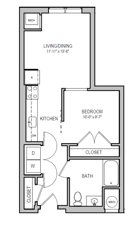 A floor plan of a small apartment with a bedroom, a kitchen, a bathroom, and a living/dining area.