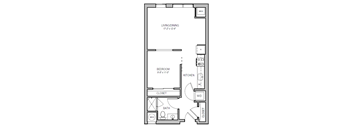 A floor plan of a small apartment with a living/dining area, bedroom, kitchen, bathroom, and closet.