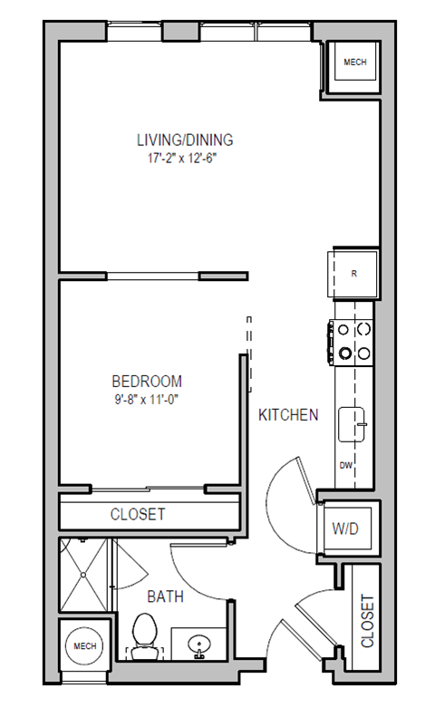 A floor plan of a small apartment with a living/dining area, bedroom, kitchen, bathroom, and closet.