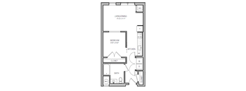 A floor plan of a small apartment with a bedroom, living/dining area, kitchen, bathroom, and closet.