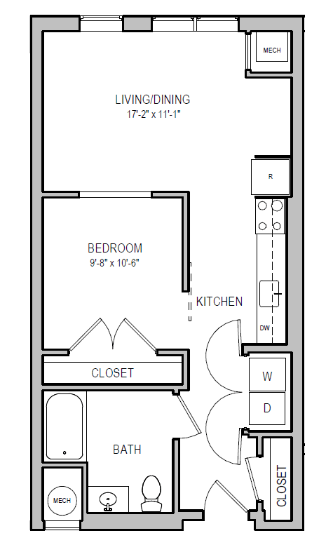 A floor plan of a small apartment with a bedroom, living/dining area, kitchen, bathroom, and closet.