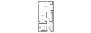 A floor plan of a small apartment with a bedroom, living/dining area, kitchen, bathroom, and closets.