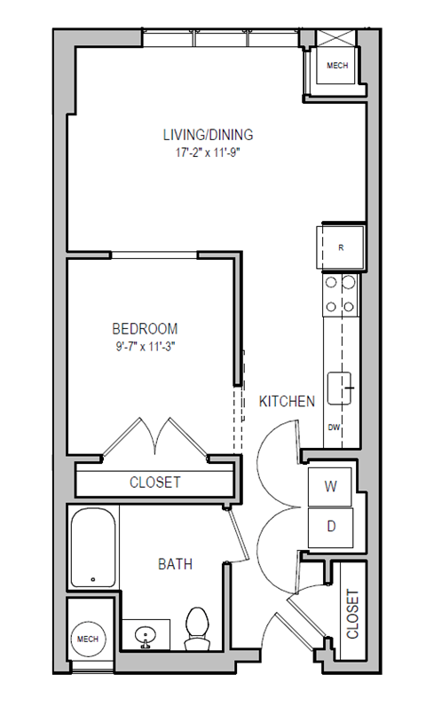 A floor plan of a small apartment with a bedroom, living/dining area, kitchen, bathroom, and closets.