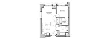 A floor plan of a small apartment with a living room, kitchen, bathroom, and bedroom.