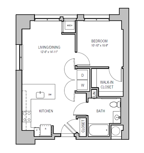 A floor plan of a small apartment with a living room, kitchen, bathroom, and bedroom.