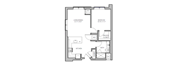 A floor plan of a small apartment with a living/dining area, kitchen, bedroom, bathroom, and closet.