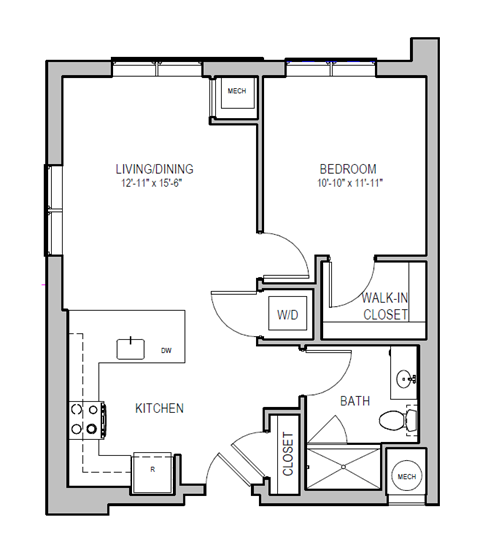 A floor plan of a small apartment with a living/dining area, kitchen, bedroom, bathroom, and closet.