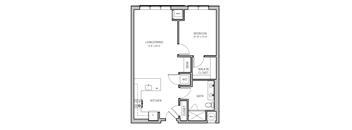 A floor plan of a small apartment with a living room, kitchen, bathroom, and bedroom.