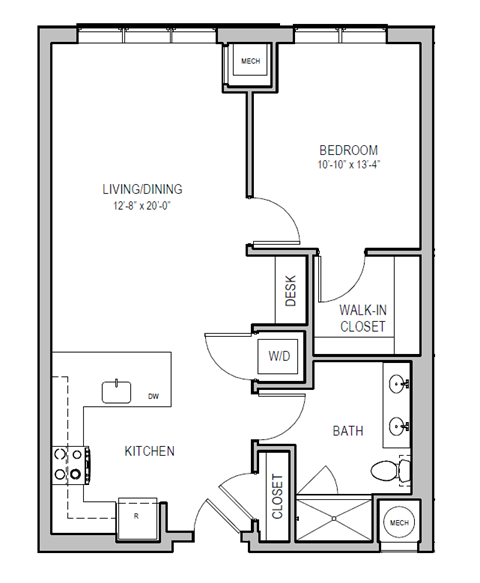 A floor plan of a small apartment with a living room, kitchen, bathroom, and bedroom.