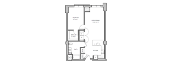 A floor plan of a small apartment with a bedroom, living/dining area, kitchen, bathroom, and desk.