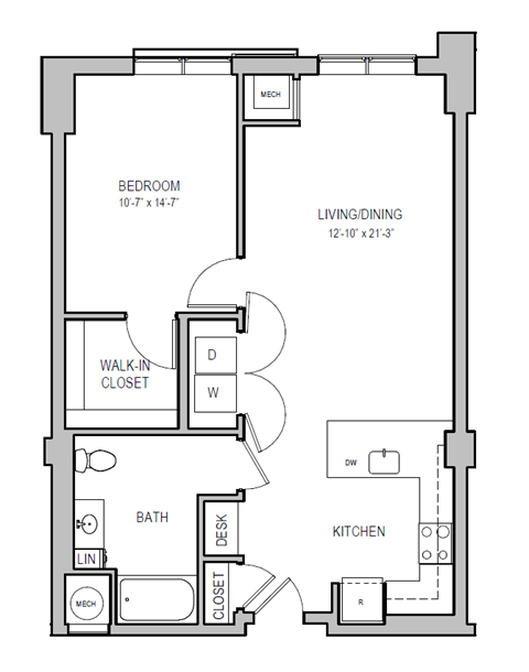A floor plan of a small apartment with a bedroom, living/dining area, kitchen, bathroom, and desk.