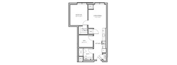 A floor plan of a small apartment with a bedroom, living/dining area, kitchen, and bathroom.