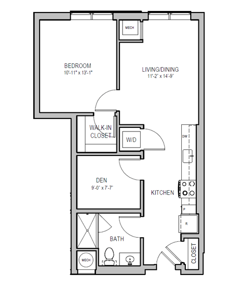 A floor plan of a small apartment with a bedroom, living/dining area, kitchen, and bathroom.