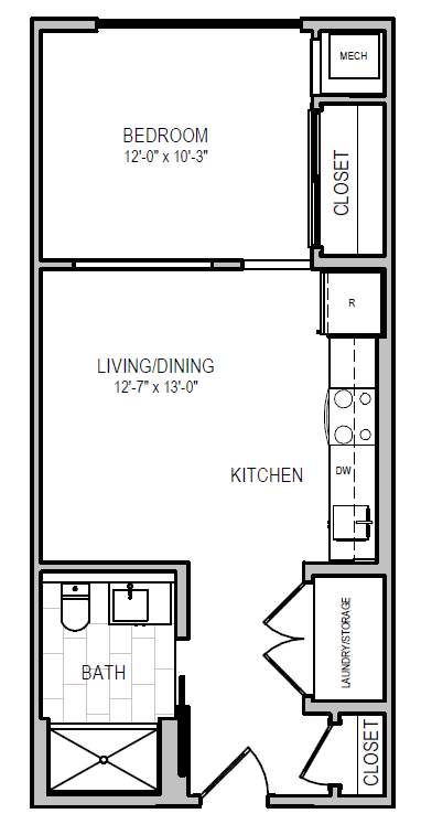 A black and white image of a floor plan for a small apartment.