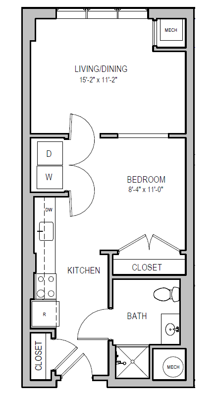 A floor plan of a small apartment with a living room, bedroom, kitchen, and bathroom.