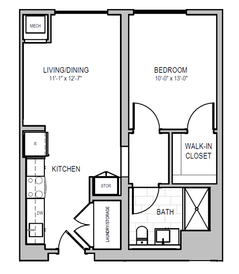 A floor plan of a small apartment with a living/dining area, kitchen, bedroom, bathroom, and laundry storage.
