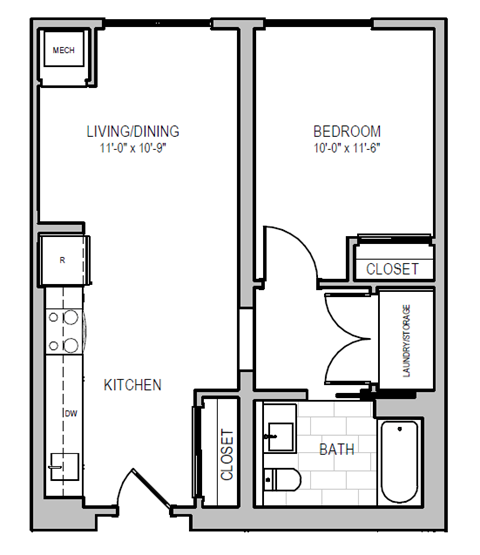 A floor plan of a small apartment with a living/dining area, kitchen, bedroom, bathroom, and closet.