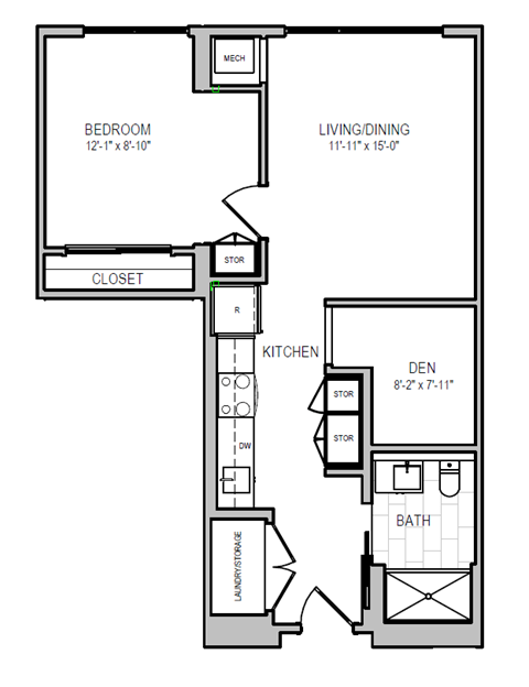 A floor plan of a small apartment with a bedroom, living/dining area, kitchen, and bathroom.