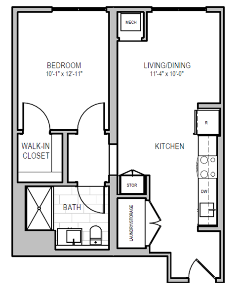 A floor plan of a home with a bedroom, living/dining area, kitchen, and bathroom.