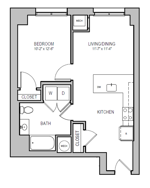 A floor plan of a small apartment with a bedroom, bathroom, kitchen, and living room.