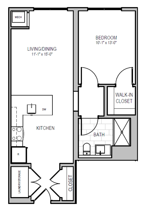A floor plan of a small apartment with a living room, kitchen, bathroom, and bedroom.