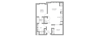 A black and white image of a floor plan for a home with a living room, dining room, kitchen, and two bedrooms.