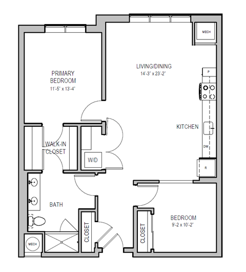 A black and white image of a floor plan for a home with a living room, dining room, kitchen, and two bedrooms.